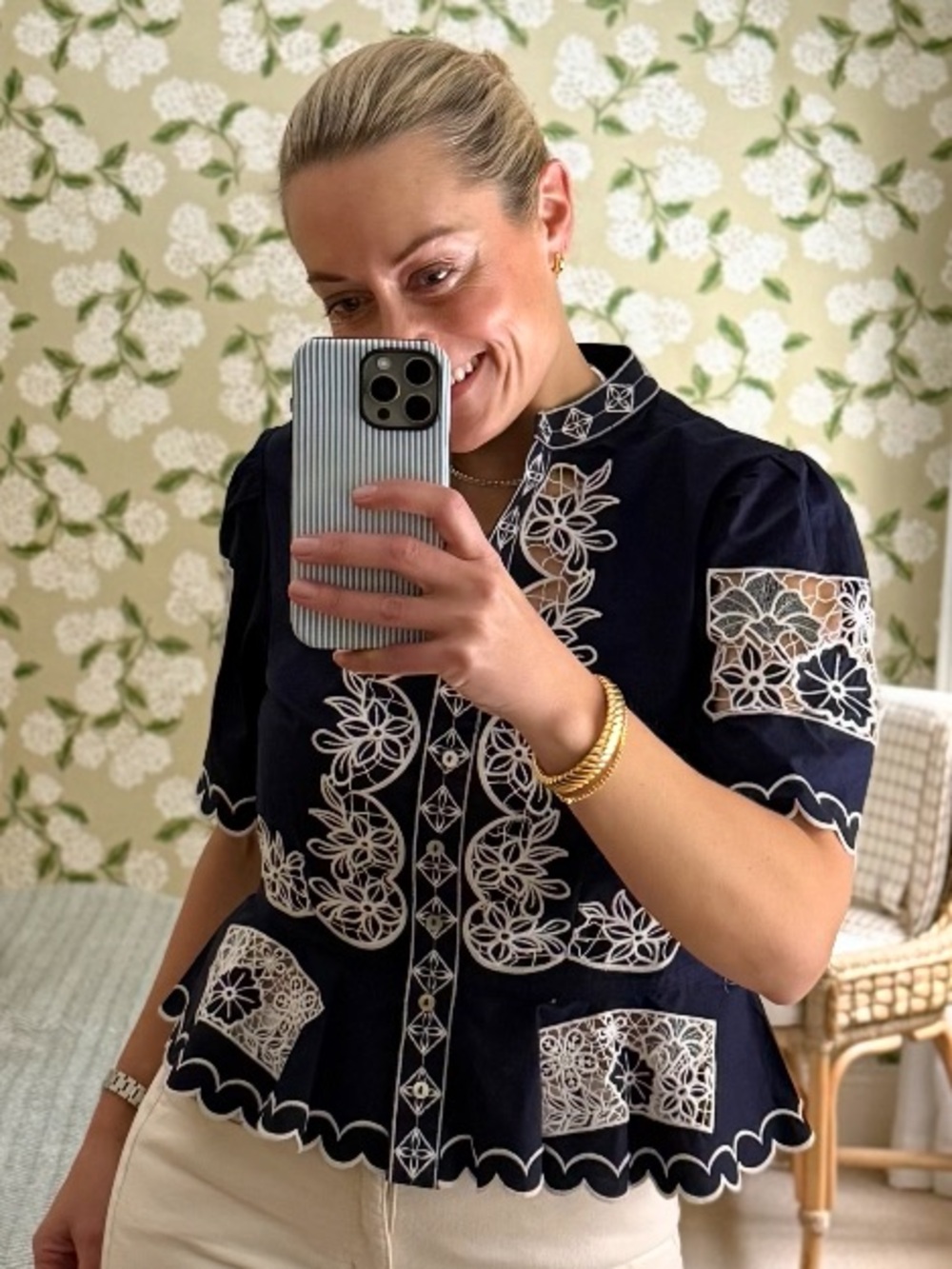 Navy Embroidered Short-Sleeve Peplum Blouse - Picture 2 of 4